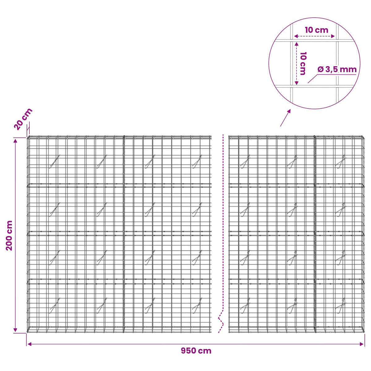 Gabion 3,5 mm langasta ja 10x10 cm verkosta 950x20x200 cm