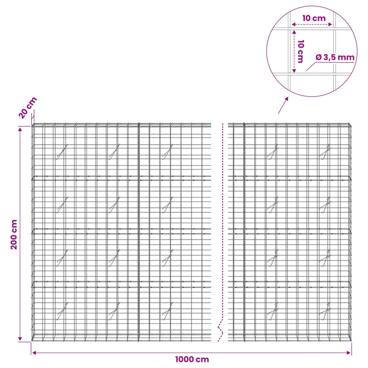 Gabion 3,5 mm langasta ja 10x10 cm verkosta 1000x20x200 cm