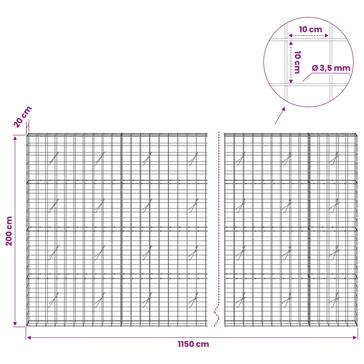 Gabion 3,5 mm langasta ja 10x10 cm verkosta 1150x20x200 cm