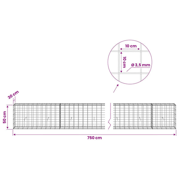 Gabion 3,5 mm langasta ja 10x10 cm verkosta 750x30x50 cm
