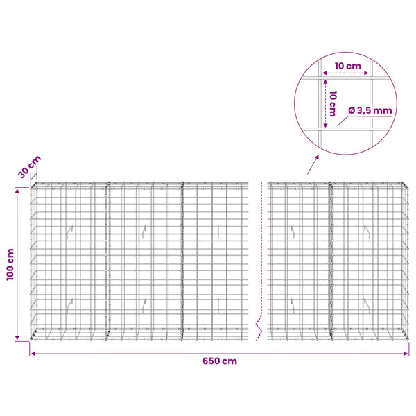 Gabion 3,5 mm langasta ja 10x10 cm verkosta 650x30x100 cm