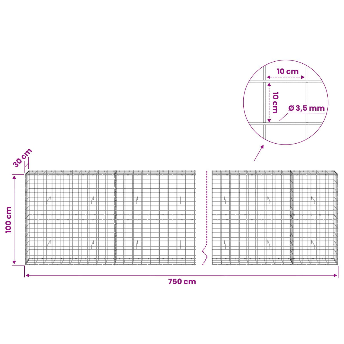 Gabion 3,5 mm langasta ja 10x10 cm verkosta 750x30x100 cm