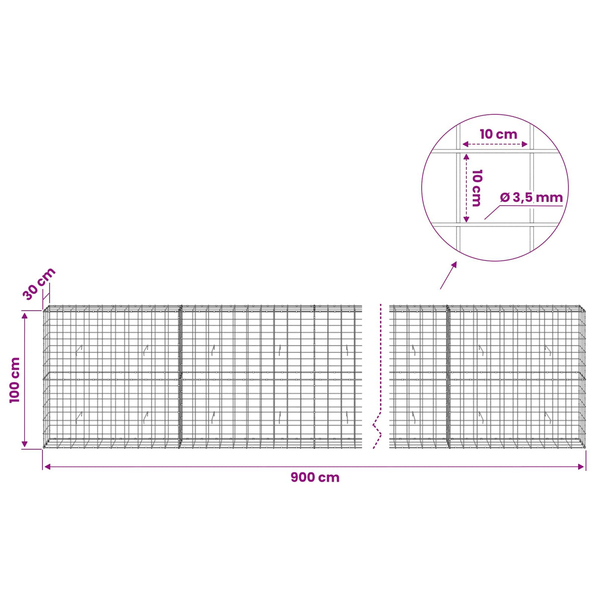 Gabion 3,5 mm langasta ja 10x10 cm verkosta 900x30x100 cm