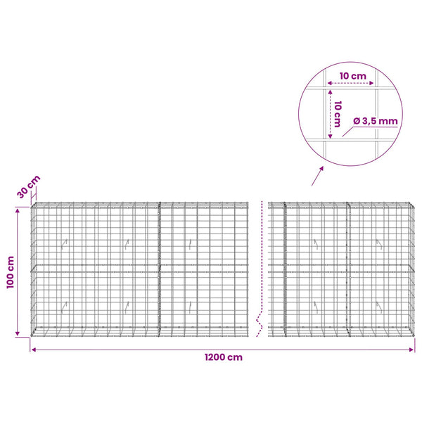 Gabion 3,5 mm langasta ja 10x10 cm verkosta 1200x30x100 cm