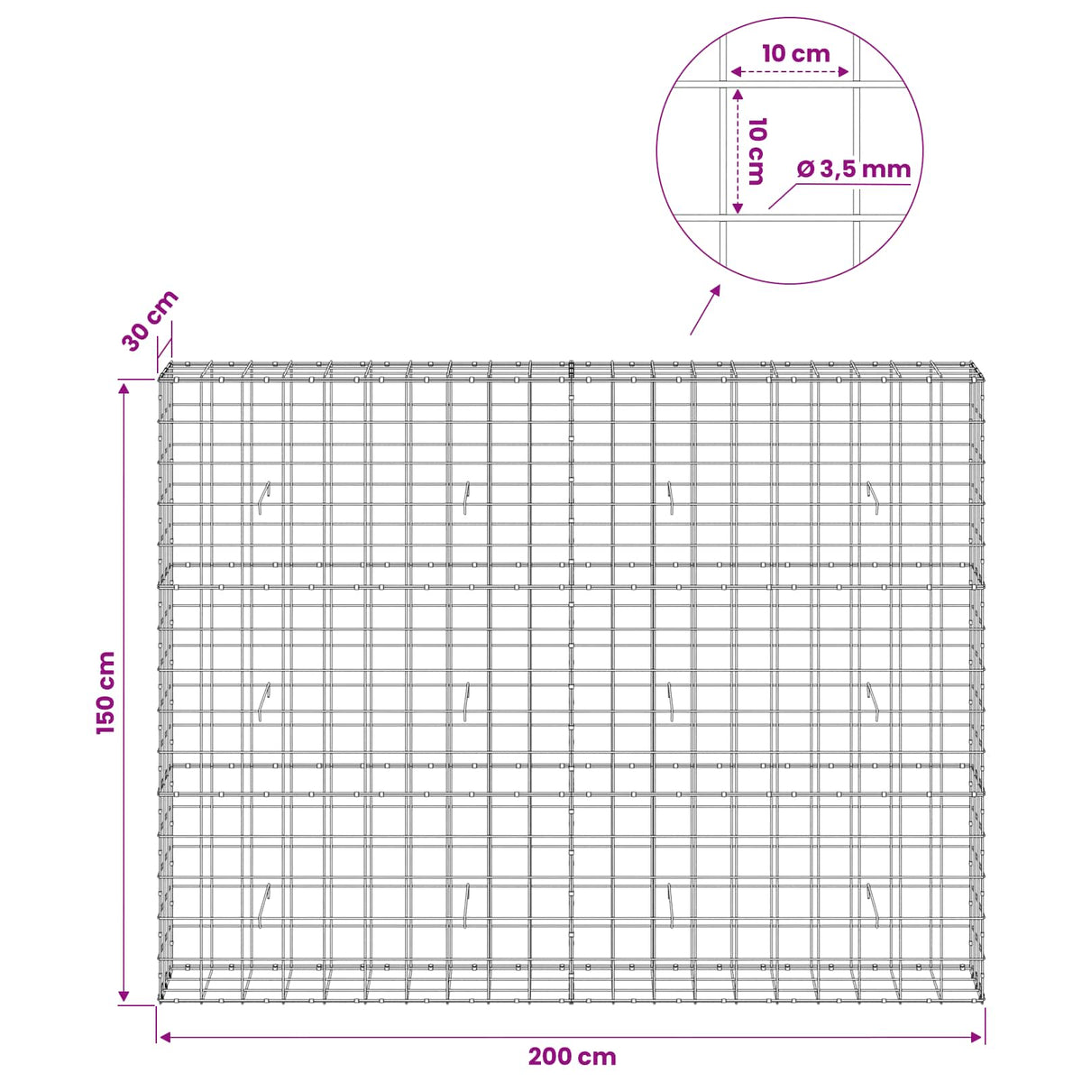 Gabion 3,5 mm langasta ja 10x10 cm verkosta 200x30x150 cm