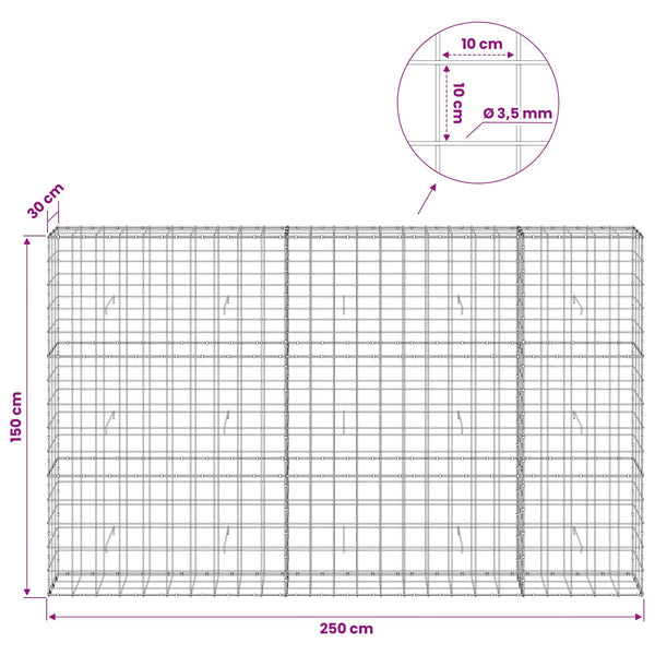 Gabion 3,5 mm langasta ja 10x10 cm verkosta 250x30x150 cm