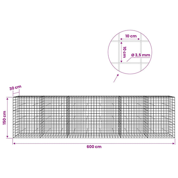 Gabion 3,5 mm langasta ja 10x10 cm verkosta 600x30x150 cm