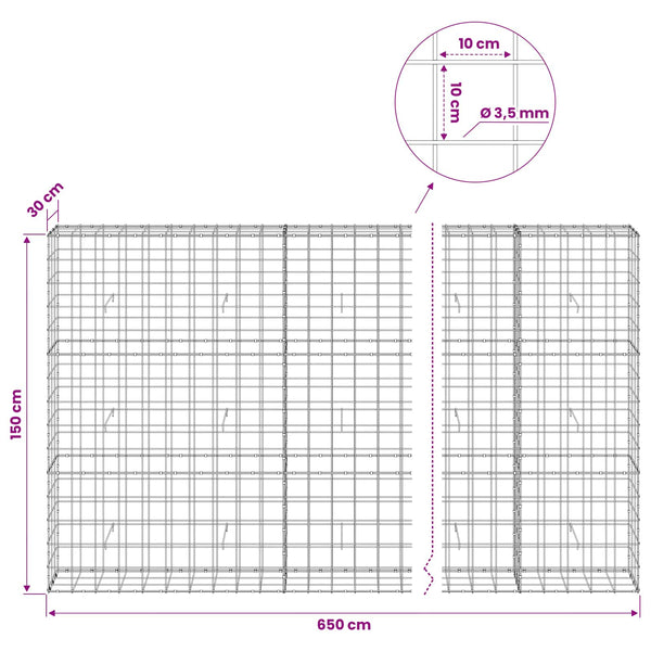 Gabion 3,5 mm langasta ja 10x10 cm verkosta 650x30x150 cm