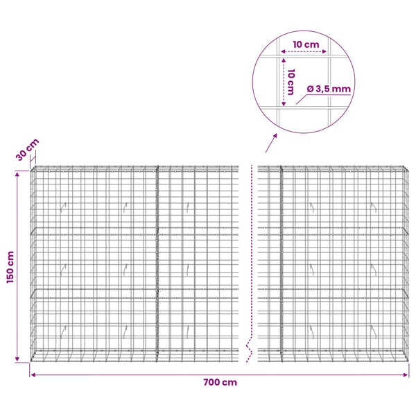 Gabion 3,5 mm langasta ja 10x10 cm verkosta 700x30x150 cm