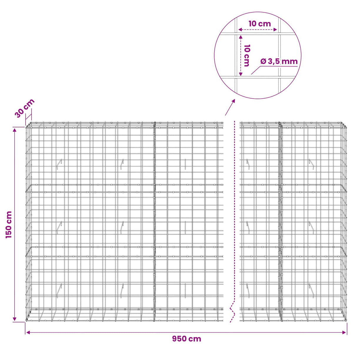 Gabion 3,5 mm langasta ja 10x10 cm verkosta 950x30x150 cm