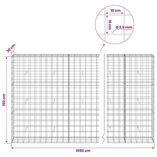 Gabion 3,5 mm langasta ja 10x10 cm verkosta 1050x30x150 cm