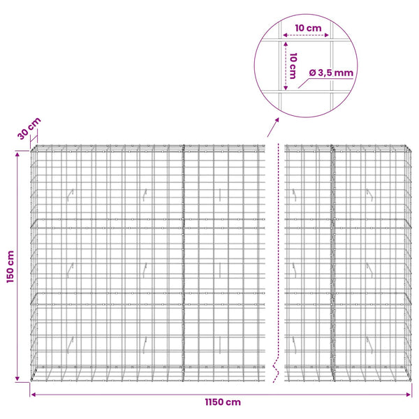 Gabion 3,5 mm langasta ja 10x10 cm verkosta 1150x30x150 cm