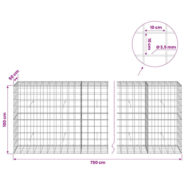 Gabion 3,5 mm langasta ja 10x10 cm verkosta 750x50x100 cm