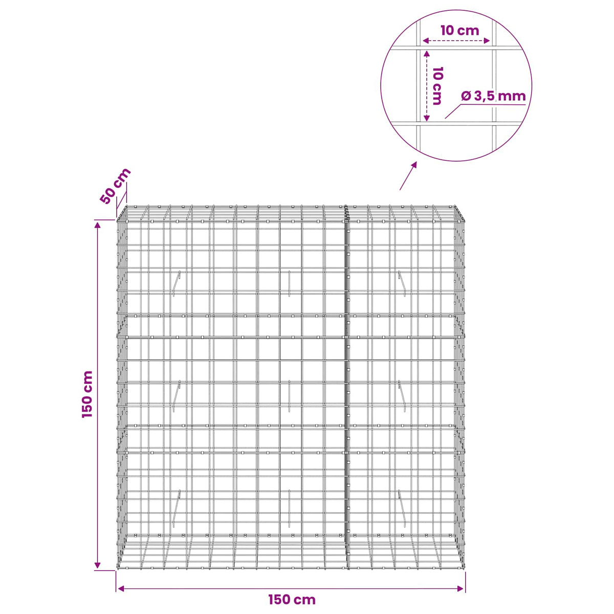 Gabion 3,5 mm langasta ja 10x10 cm verkosta 150x50x150 cm