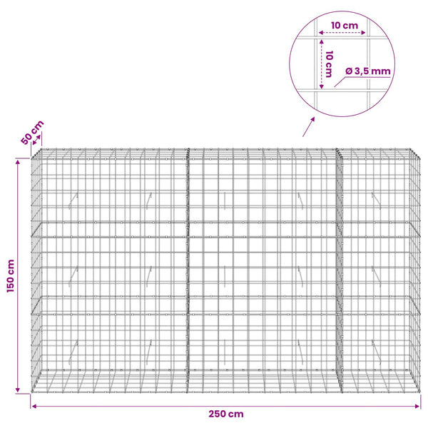 Gabion 3,5 mm langasta ja 10x10 cm verkosta 250x50x150 cm