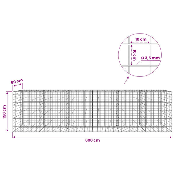Gabion 3,5 mm langasta ja 10x10 cm verkosta 600x50x150 cm