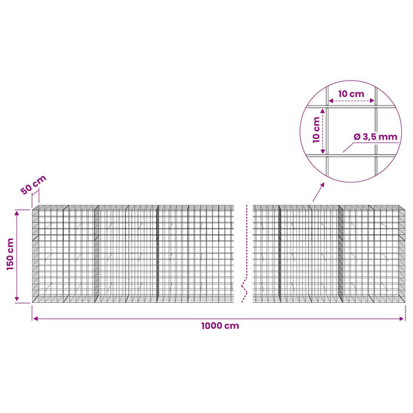 Gabion 3,5 mm langasta ja 10x10 cm verkosta 1000x50x150 cm