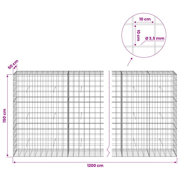 Gabion 3,5 mm langasta ja 10x10 cm verkosta 1200x50x150 cm