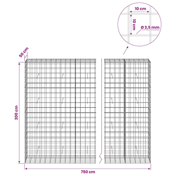 Gabion 3,5 mm langasta ja 10x10 cm verkosta 750x50x200 cm