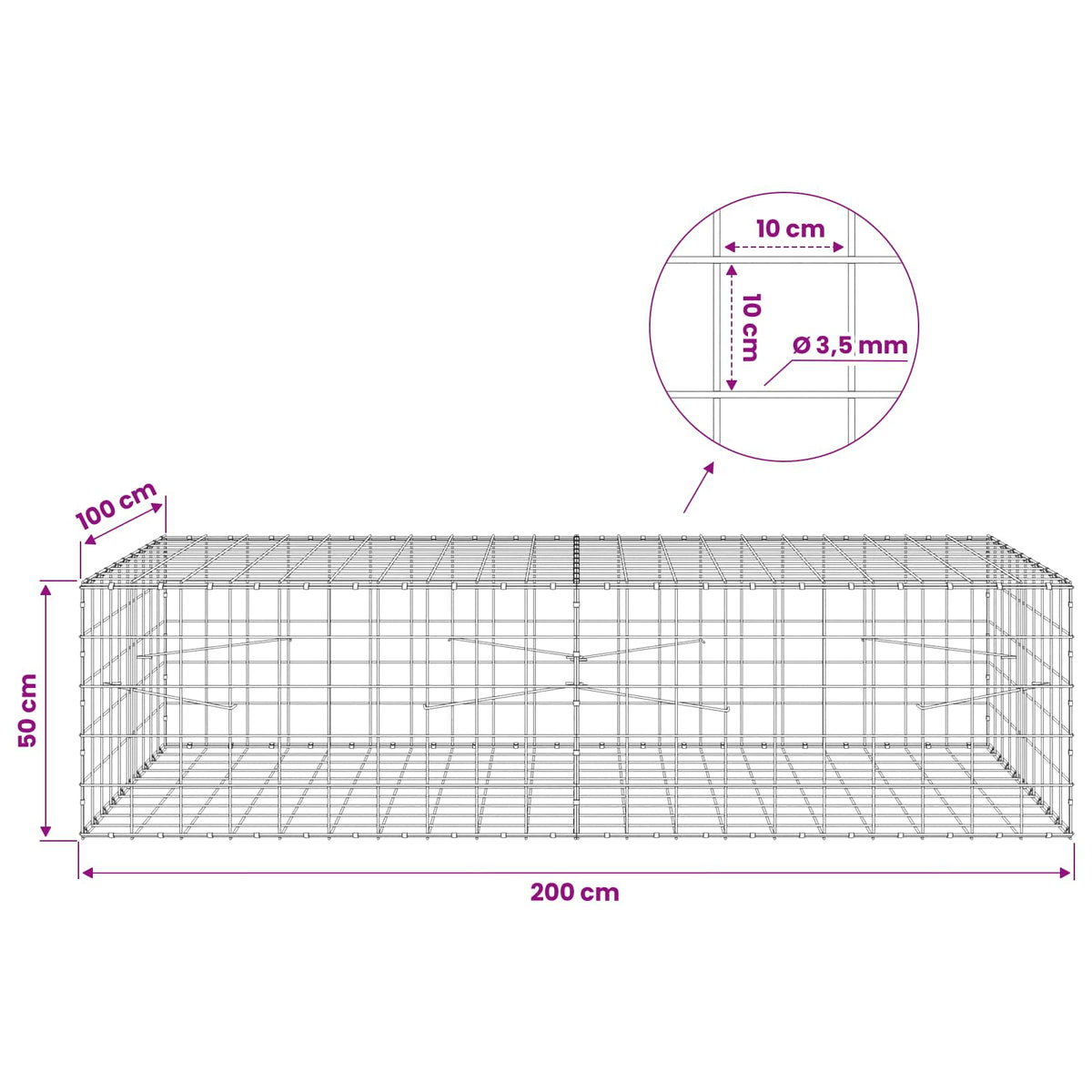 Gabion 3,5 mm langasta ja 10x10 cm verkosta 200x100x50 cm