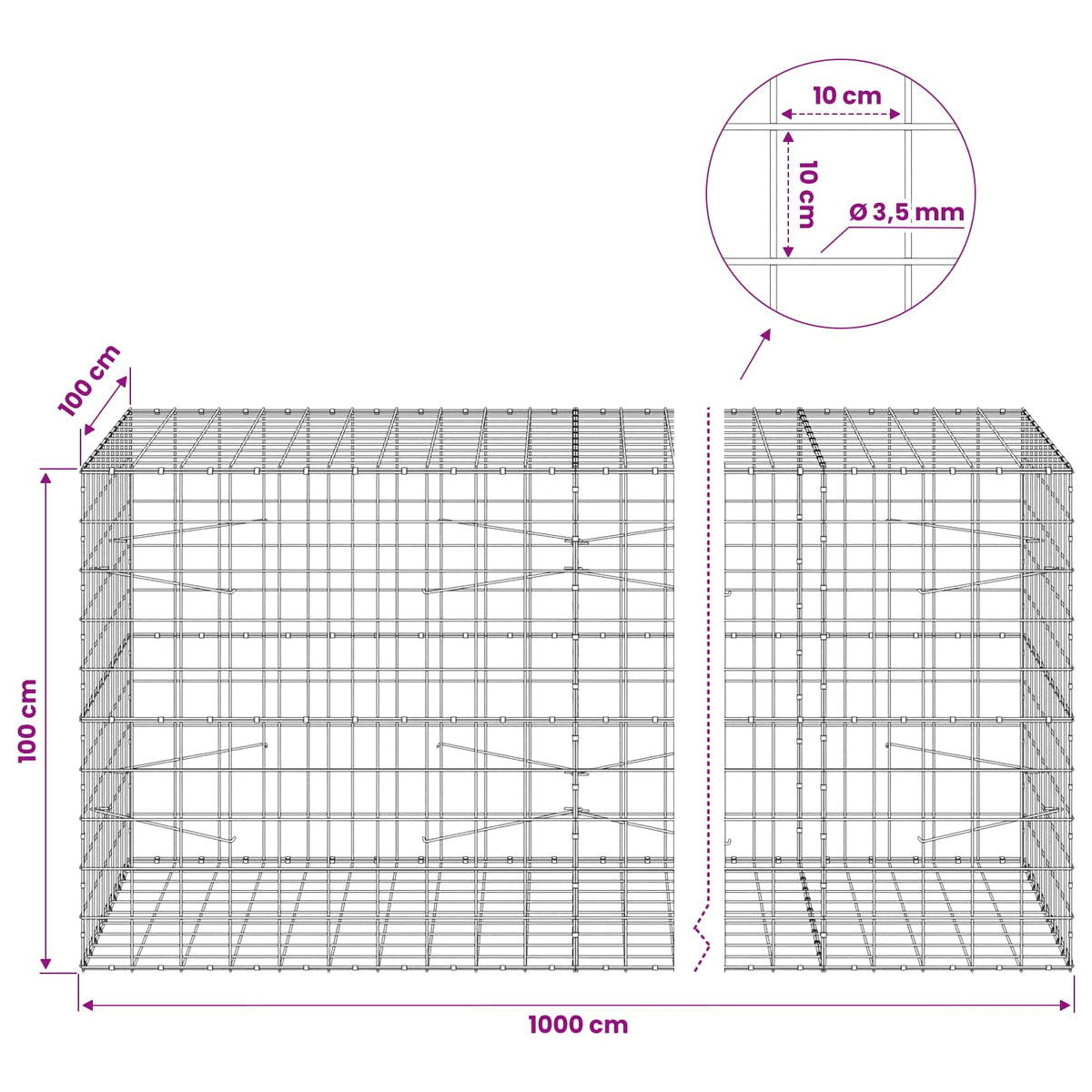 Gabion 3,5 mm langasta ja 10x10 cm verkosta 1000x100x100 cm
