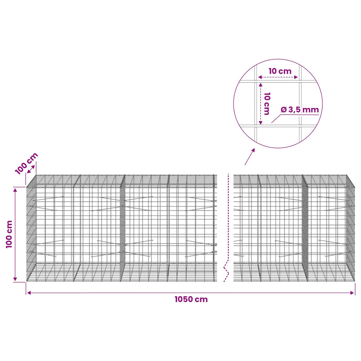 Gabion 3,5 mm langasta ja 10x10 cm verkosta 1050x100x100 cm