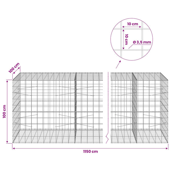 Gabion 3,5 mm langasta ja 10x10 cm verkosta 1150x100x100 cm