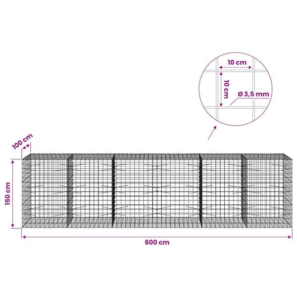 Gabion 3,5 mm langasta ja 10x10 cm verkosta 600x100x150 cm