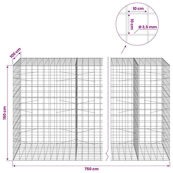 Gabion 3,5 mm langasta ja 10x10 cm verkosta 750x100x150 cm