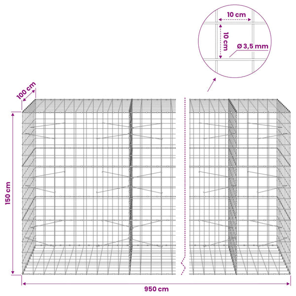 Gabion 3,5 mm langasta ja 10x10 cm verkosta 950x100x150 cm