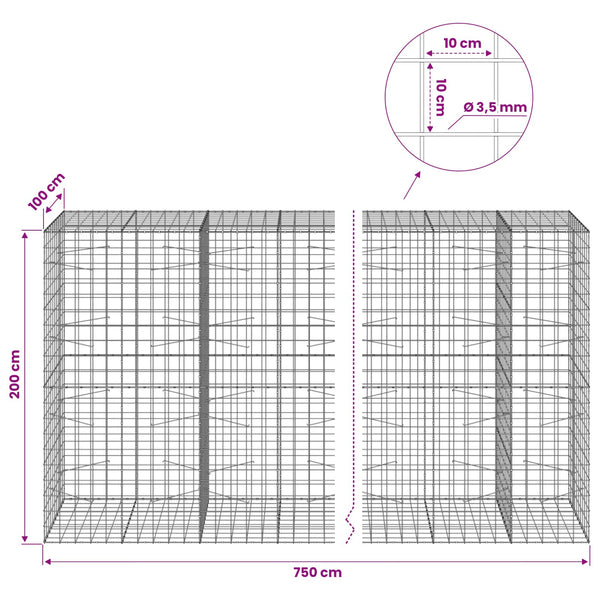 Gabion 3,5 mm langasta ja 10x10 cm verkosta 750x100x200 cm