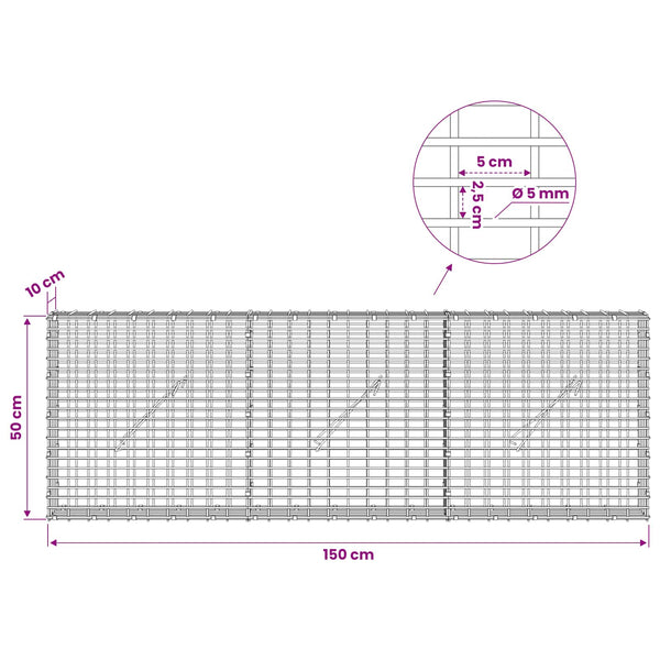 Gabion 5 mm langasta ja 5x2,5 cm verkosta 150x10x50 cm