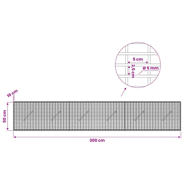 Gabion 5 mm langasta ja 5x2,5 cm verkosta 300x10x50 cm