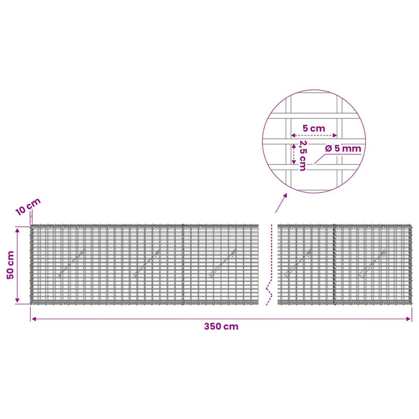 Gabion 5 mm langasta ja 5x2,5 cm verkosta 350x10x50 cm