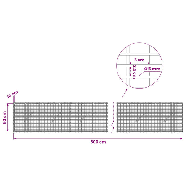 Gabion 5 mm langasta ja 5x2,5 cm verkosta 500x10x50 cm