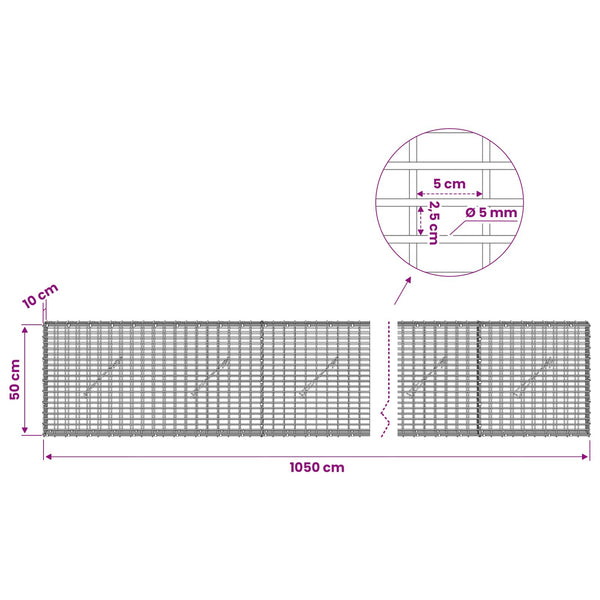 Gabion 5 mm langasta ja 5x2,5 cm verkosta 1050x10x50 cm