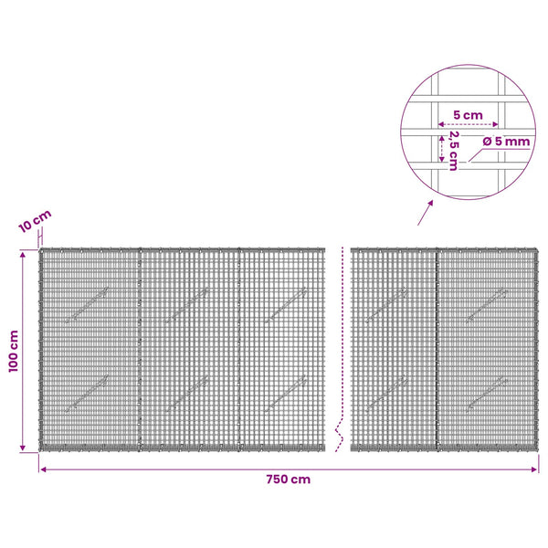Gabion 5 mm langasta ja 5x2,5 cm verkosta 750x10x100 cm