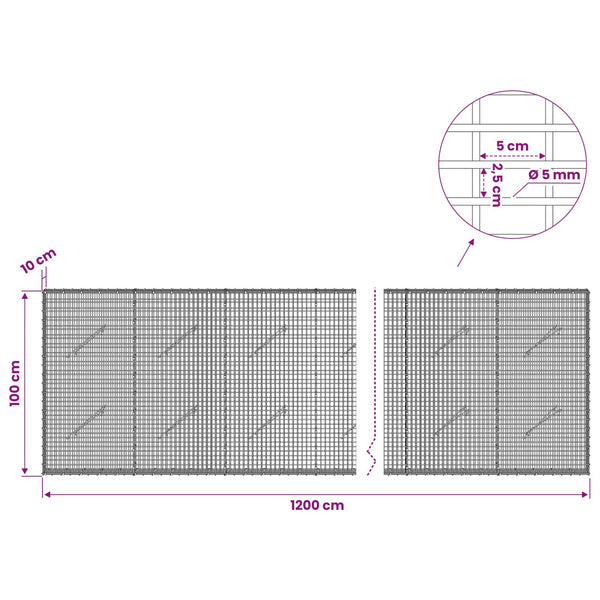Gabion 5 mm langasta ja 5x2,5 cm verkosta 1200x10x100 cm