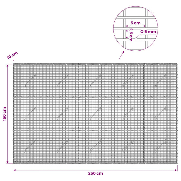 Gabion 5 mm langasta ja 5x2,5 cm verkosta 250x10x150 cm