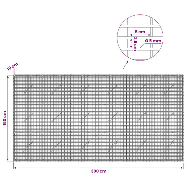 Gabion 5 mm langasta ja 5x2,5 cm verkosta 300x10x150 cm