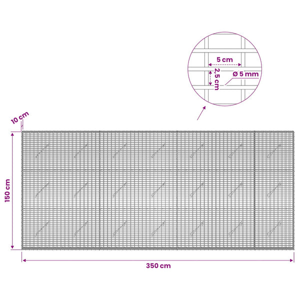 Gabion 5 mm langasta ja 5x2,5 cm verkosta 350x10x150 cm