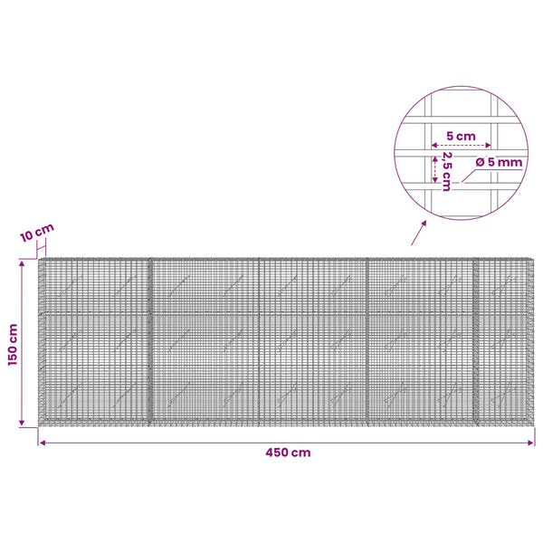 Gabion 5 mm langasta ja 5x2,5 cm verkosta 450x10x150 cm