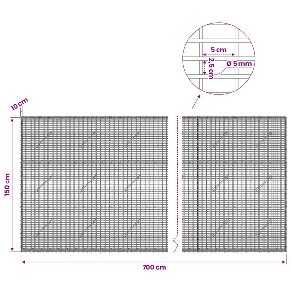 Gabion 5 mm langasta ja 5x2,5 cm verkosta 700x10x150 cm