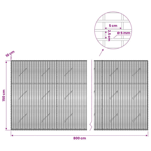 Gabion 5 mm langasta ja 5x2,5 cm verkosta 800x10x150 cm