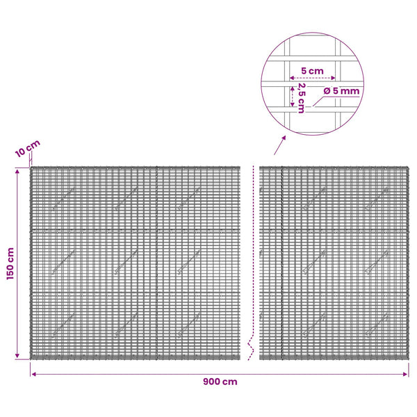 Gabion 5 mm langasta ja 5x2,5 cm verkosta 900x10x150 cm