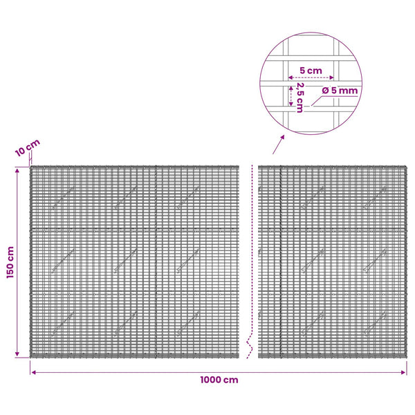 Gabion 5 mm langasta ja 5x2,5 cm verkosta 1000x10x150 cm