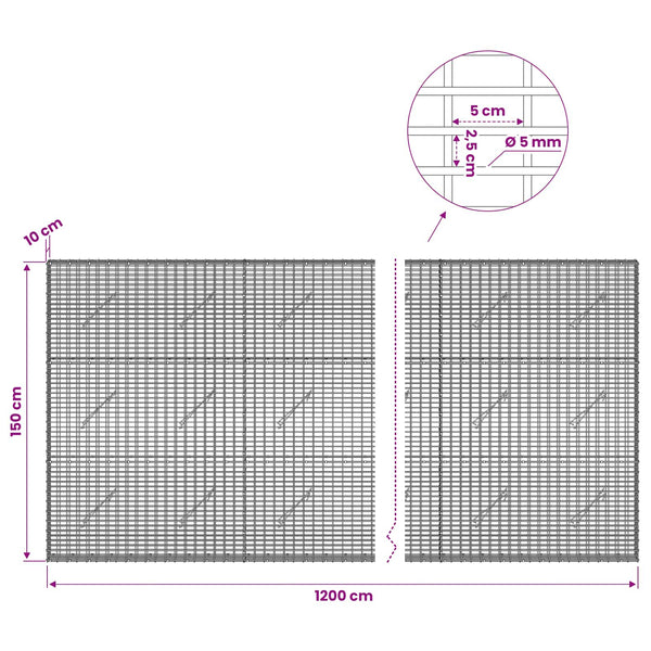 Gabion 5 mm langasta ja 5x2,5 cm verkosta 1200x10x150 cm
