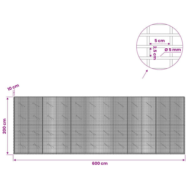 Gabion 5 mm langasta ja 5x2,5 cm verkosta 600x10x200 cm