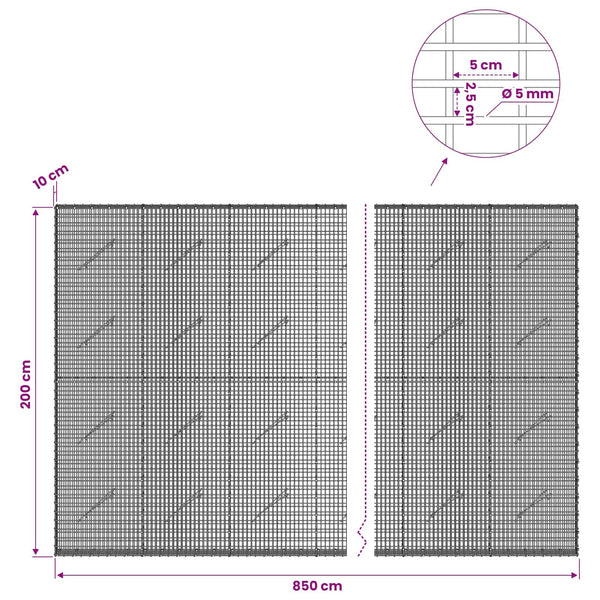 Gabion 5 mm langasta ja 5x2,5 cm verkosta 850x10x200 cm