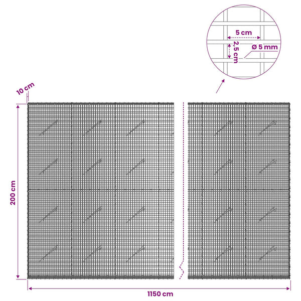 Gabion 5 mm langasta ja 5x2,5 cm verkosta 1150x10x200 cm